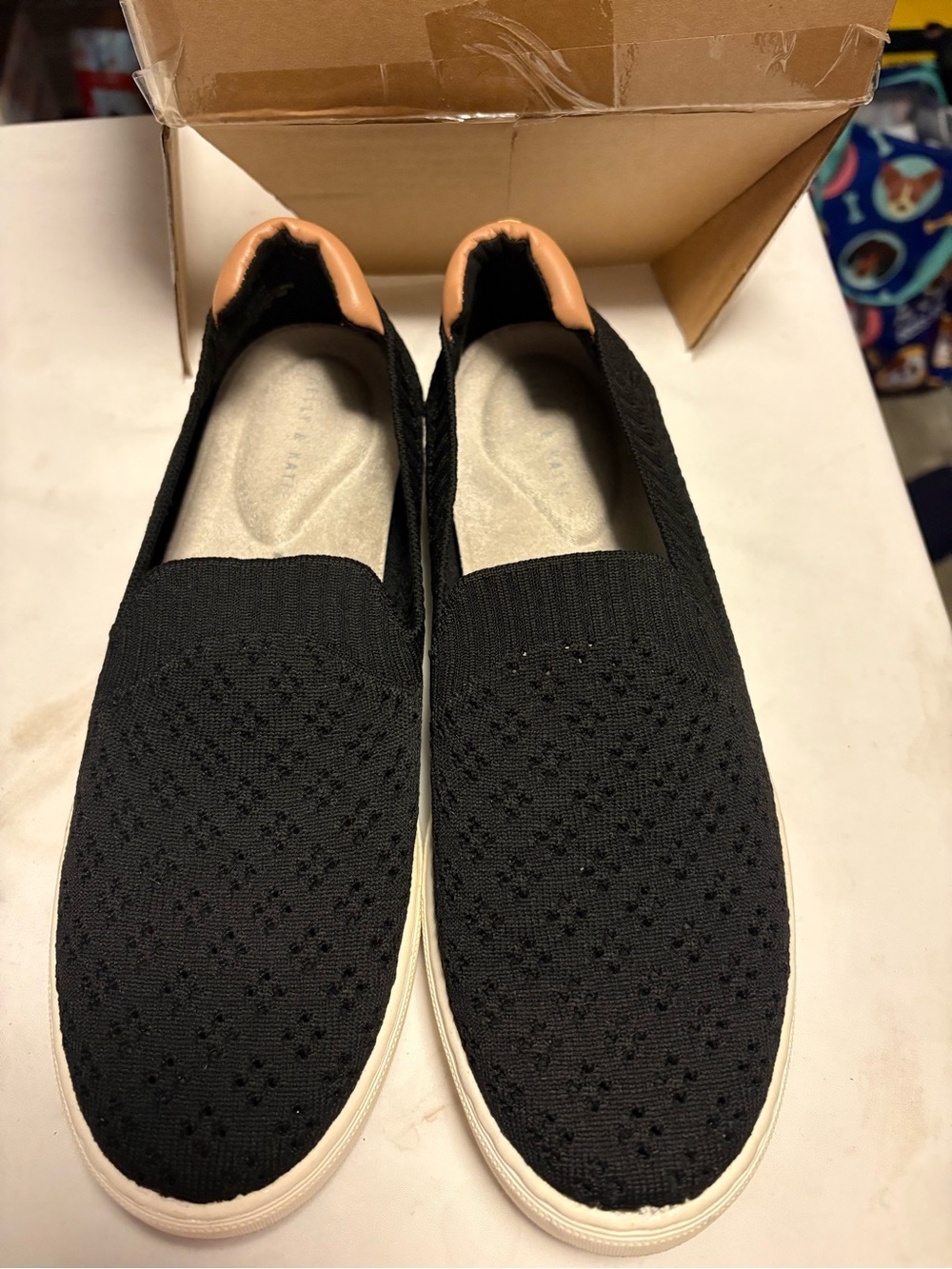 Kelly & Katie Black Knit Slip-On Flats with Tan Heel Tab
